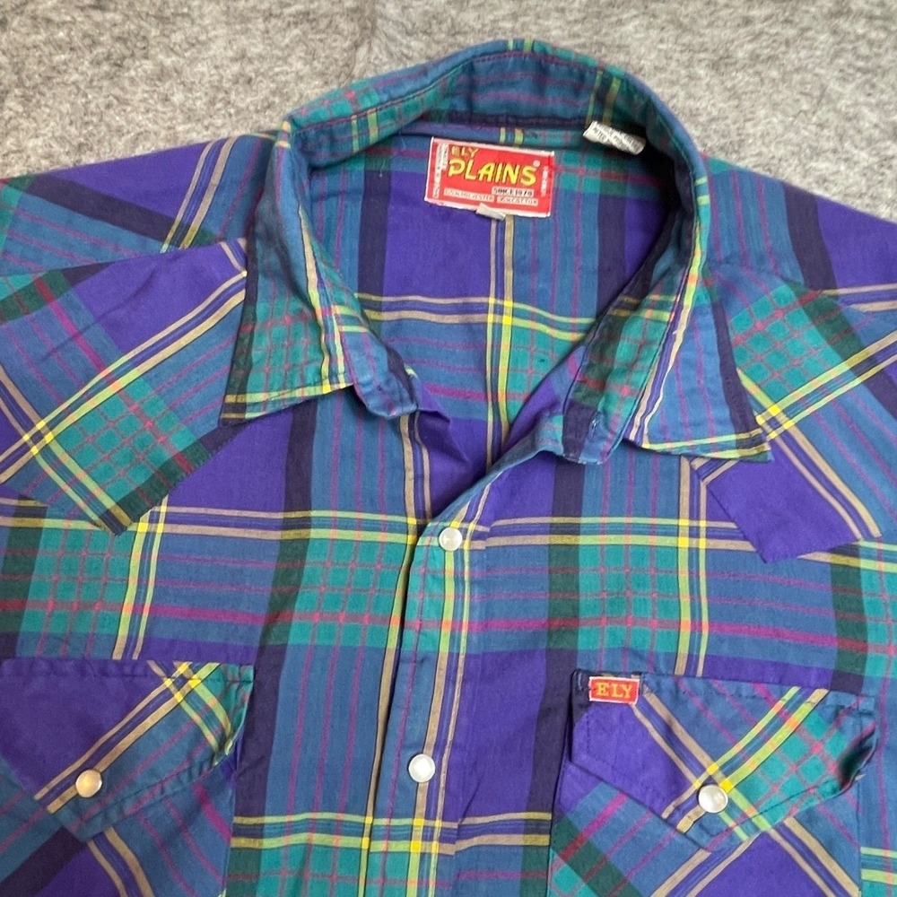 VTG Ely Plains Mens 17 34/35 Western Pearl Snap Plaid Shirt Cowboy Western Rodeo